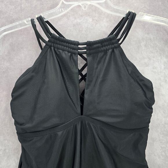 Black Crisscross Halter Stretch Padded Swim Tankini Top L Large - Picture 3 of 5